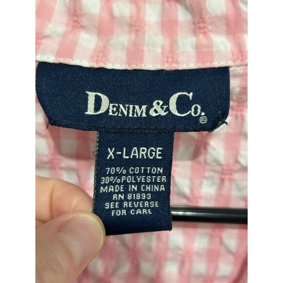 Denim & Co Pink Checkered Button Shirt XL Lightweight 3/4 Sleeves Collar Ruffle - Picture 6 of 10